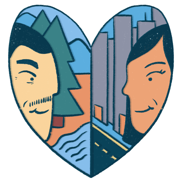 a heart, half with a man in a rural area, half with a woman in a city
